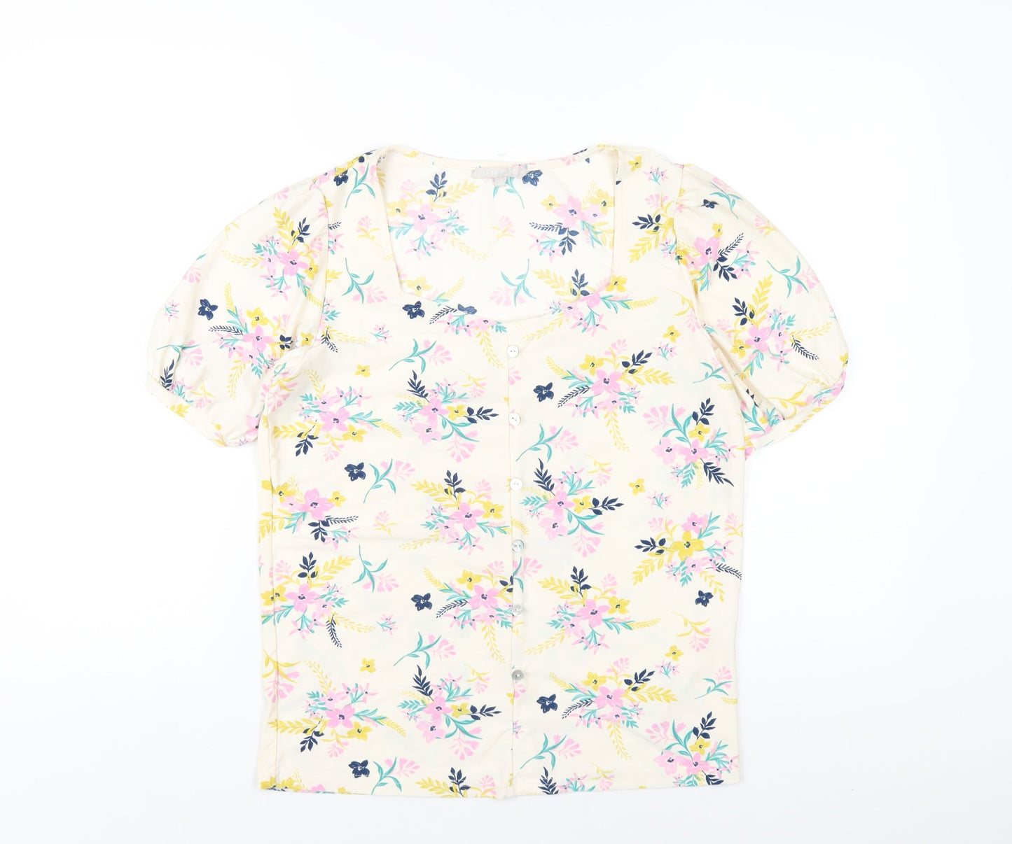 Pebble Bay Womens Ivory Floral Polyester Basic T-Shirt Size 10 Square Neck