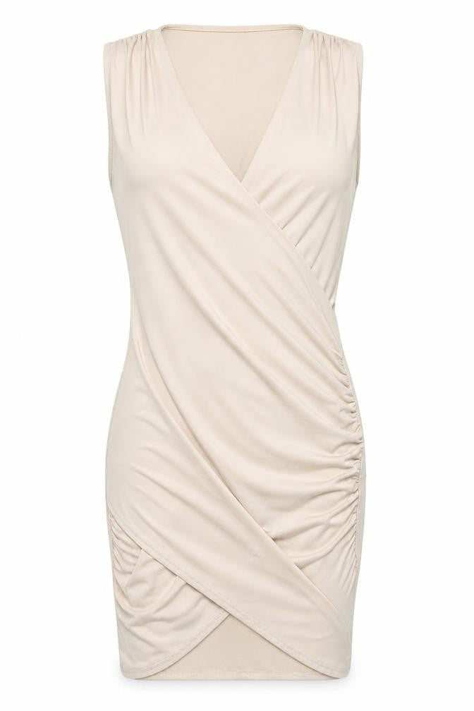 Front view of Missguided women’s beige polyester bodycon, size UK 8, v-neck pullover