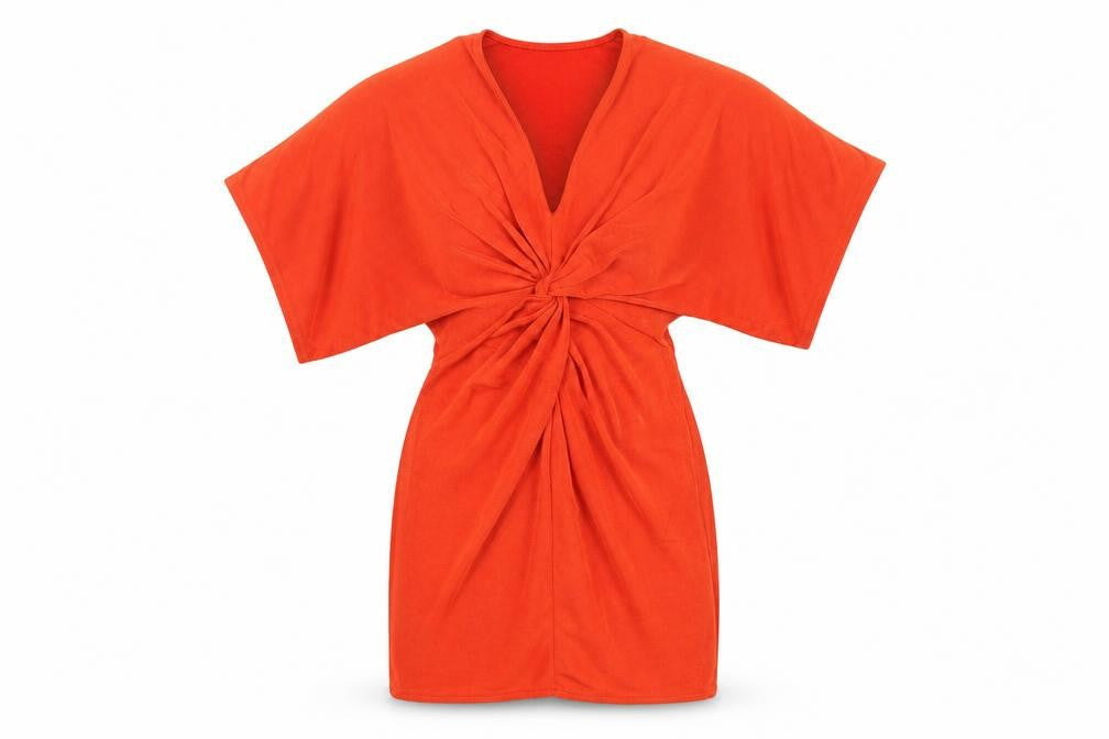 Front view of Missguided women’s orange polyester bodycon, size UK 4, v-neck pullover