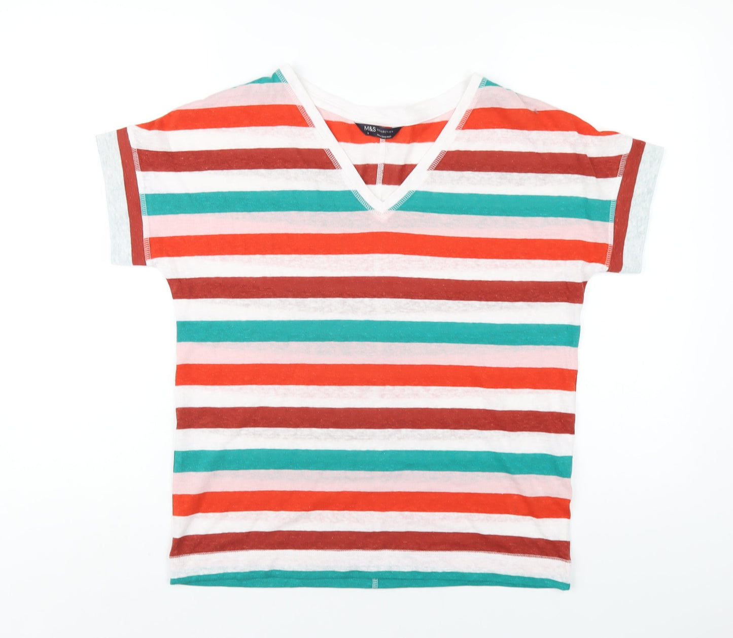 Marks and Spencer Womens Multicoloured Striped Linen Basic T-Shirt Size 8 V-Neck