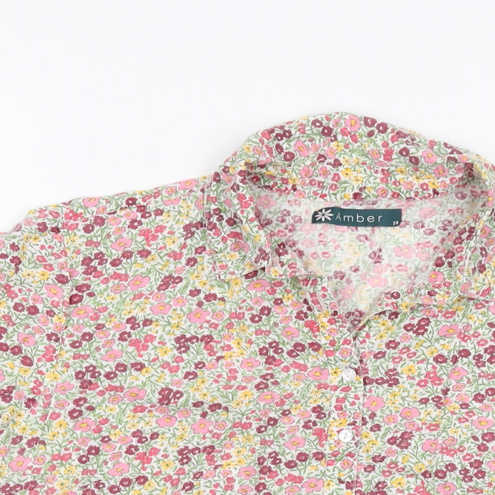 Amber Womens Multicoloured Floral Cotton Basic Button-Up Size 14 Collared