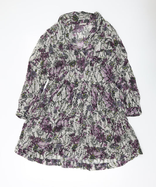 Indigo Womens Grey Floral Polyester A-Line Size 12 Collared Button