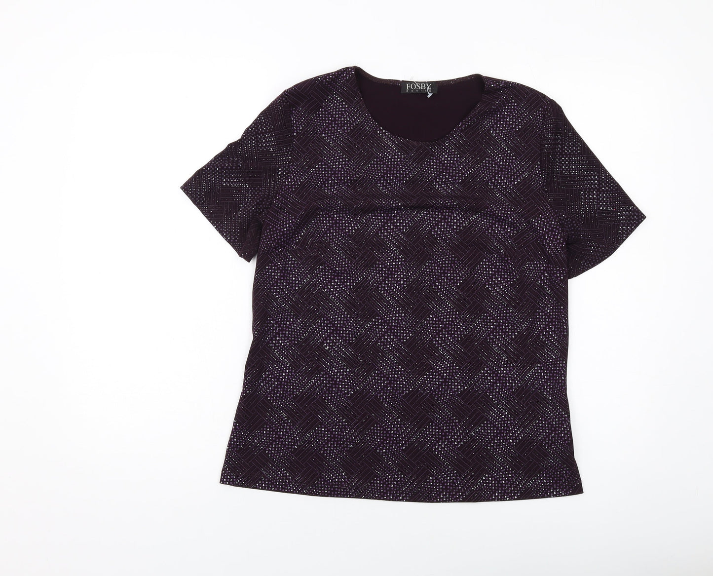 Fosby Womens Purple Geometric Polyester Basic T-Shirt Size 14 Round Neck
