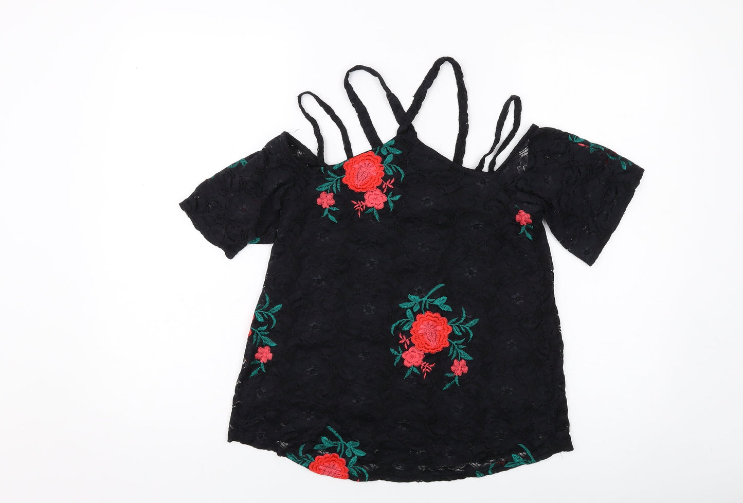 River Island Womens Black Floral Polyester Basic T-Shirt Size 8 V-Neck