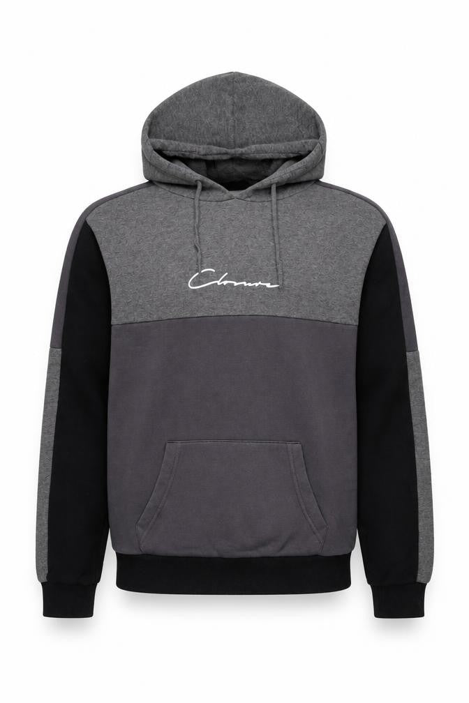 Front view of Closure men’s grey cotton pullover hoodie, size XS