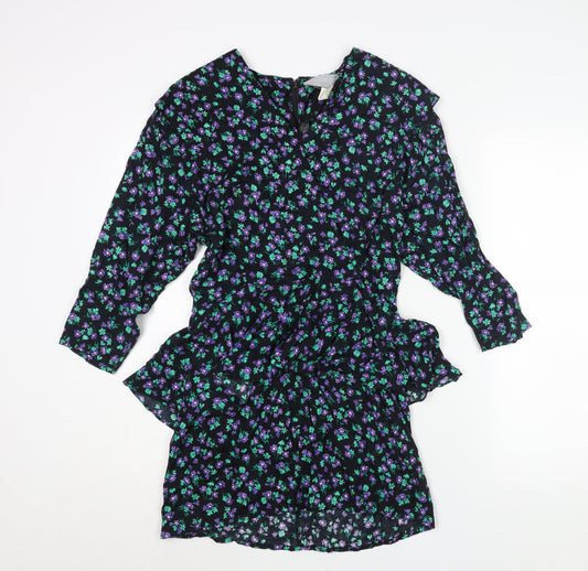 Rabbit JR Womens Black Floral Viscose Mini Size 10 V-Neck Zip - Peplum Frill Vintage