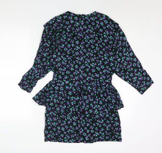 Rabbit JR Womens Black Floral Viscose Mini Size 10 V-Neck Zip - Peplum Frill Vintage