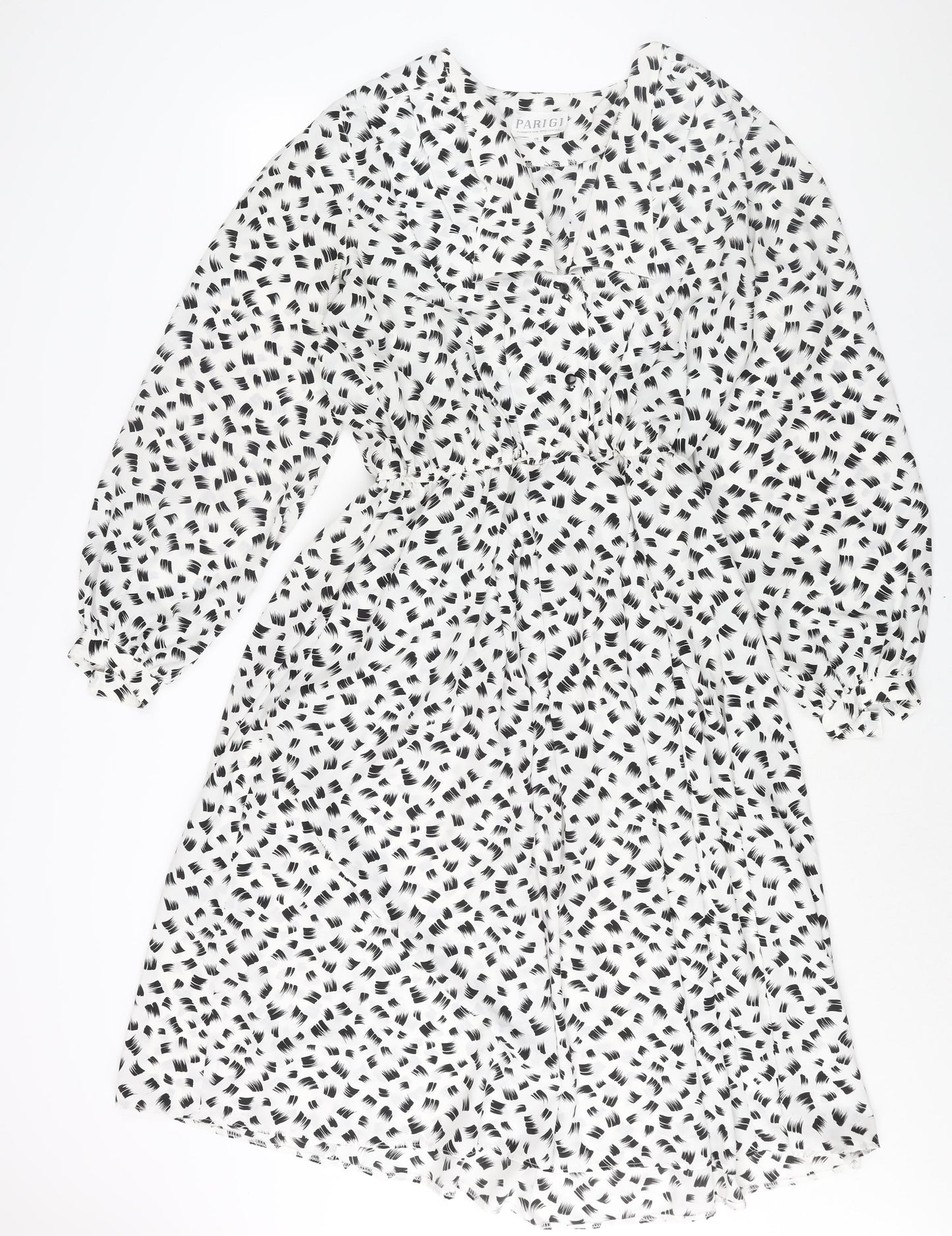 Parigi Womens White Geometric Polyester Shift Size 14 V-Neck Pullover - Vintage Collared