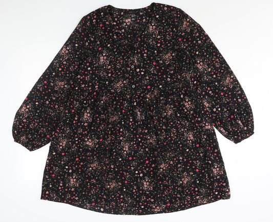 New Look Womens Black Floral Polyester Shift Size 10 V-Neck Button - Smocked