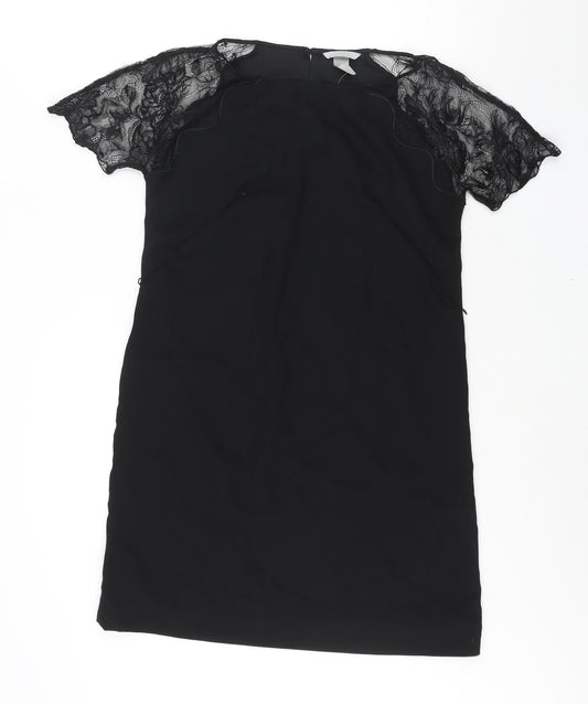 H&M Womens Black Polyester Shift Size 10 Round Neck Button - Lace Sleeve