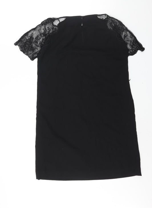 H&M Womens Black Polyester Shift Size 10 Round Neck Button - Lace Sleeve