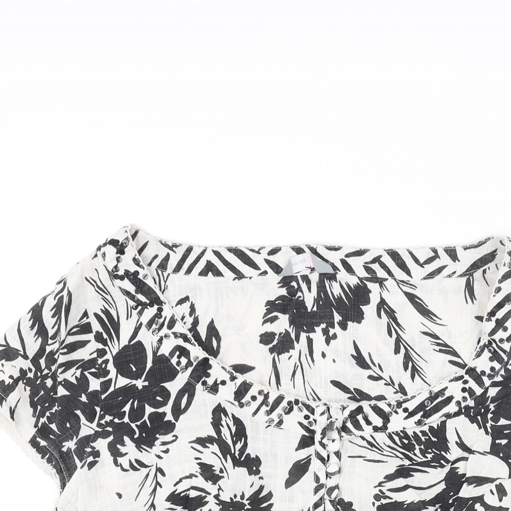 Per Una Womens White Floral Cotton Basic Blouse Size 12 Scoop Neck
