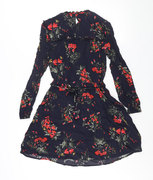 Oasis Womens Blue Floral Viscose A-Line Size 10 Round Neck Button - Belted Frill