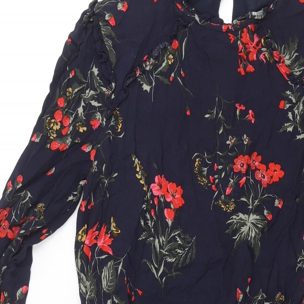 Oasis Womens Blue Floral Viscose A-Line Size 10 Round Neck Button - Belted Frill