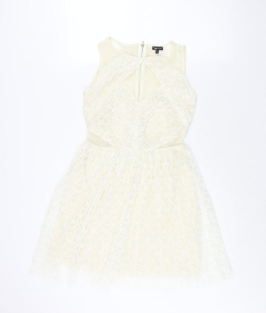River Island Womens Ivory Polyester Fit & Flare Size 10 Round Neck Zip - Panelled