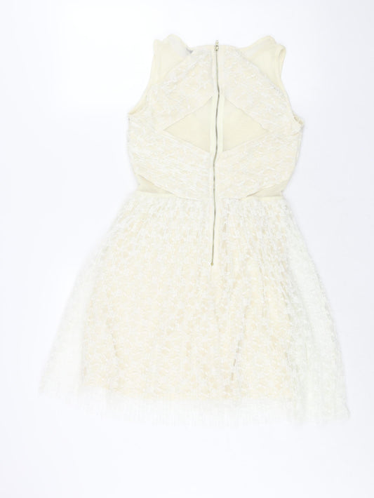 River Island Womens Ivory Polyester Fit & Flare Size 10 Round Neck Zip - Panelled