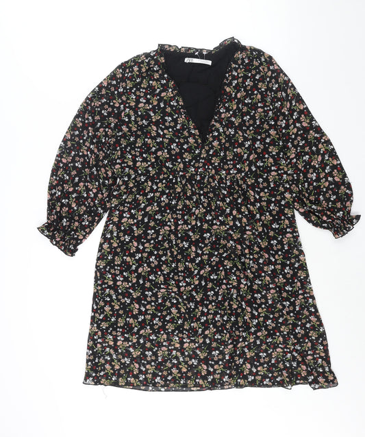 Zara Womens Black Floral Polyester A-Line Size M V-Neck Pullover - Frill