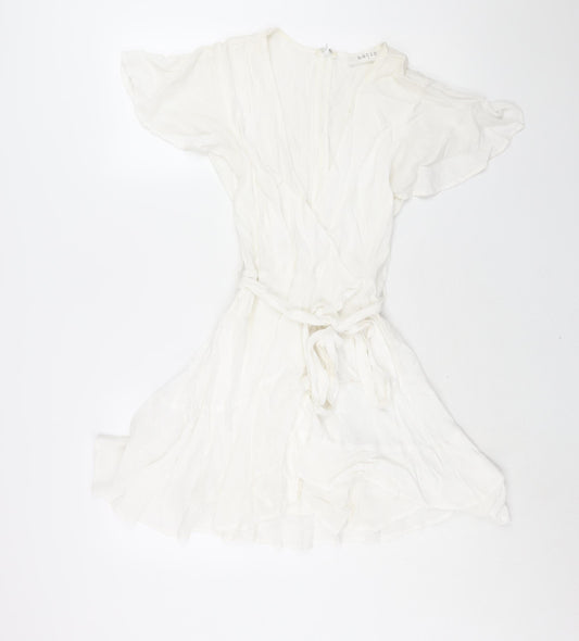 Bacio Womens White Viscose A-Line Size S V-Neck Zip - Frill Belted