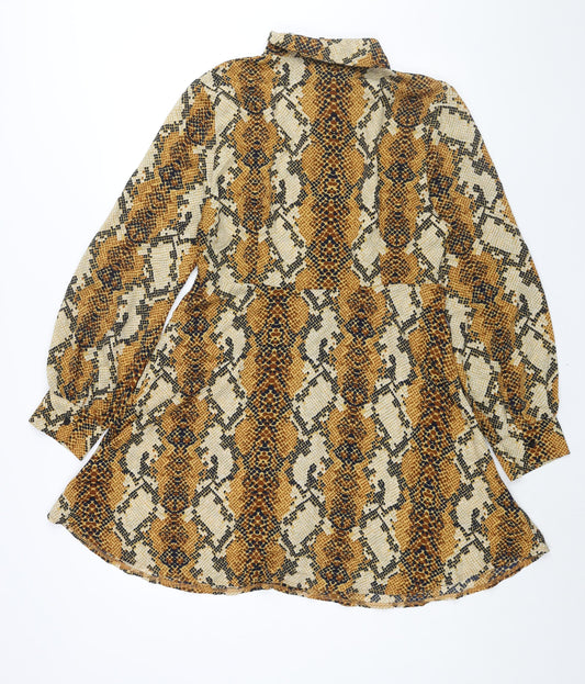 Missguided Womens Brown Animal Print Polyester Shirt Dress Size 14 Collared Button - Snakeskin Print