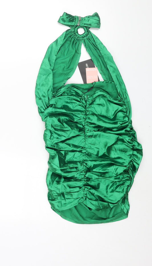 PRETTYLITTLETHING Womens Green Polyester Mini Size 6 Halter Zip - Rouched Cut Out