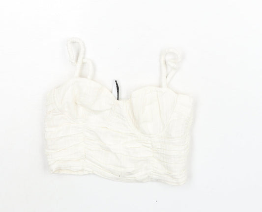 Stradivarius Womens White Cotton Cropped Blouse Size XS Sweetheart - Rouched