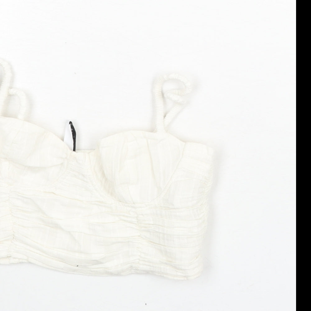 Stradivarius Womens White Cotton Cropped Blouse Size XS Sweetheart - Rouched
