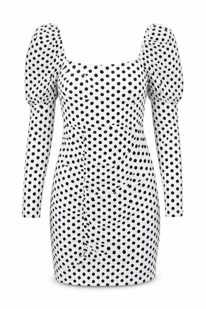 Naanaa Womens White Polka Dot Polyester Bodycon Size 8 Square Neck Zip - Rouched