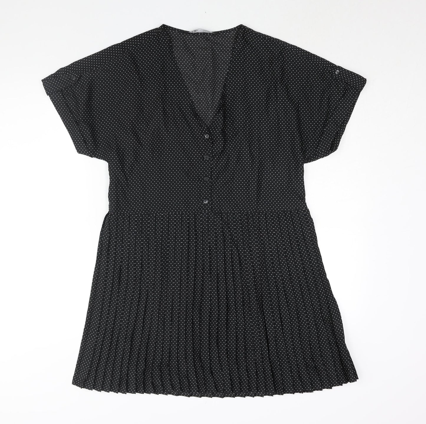 Zara Womens Black Polka Dot Polyester Shift Size M V-Neck Button - Pleated