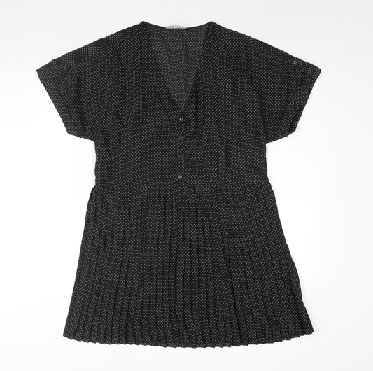 Zara Womens Black Polka Dot Polyester Shift Size M V-Neck Button - Pleated