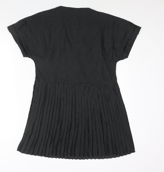 Zara Womens Black Polka Dot Polyester Shift Size M V-Neck Button - Pleated