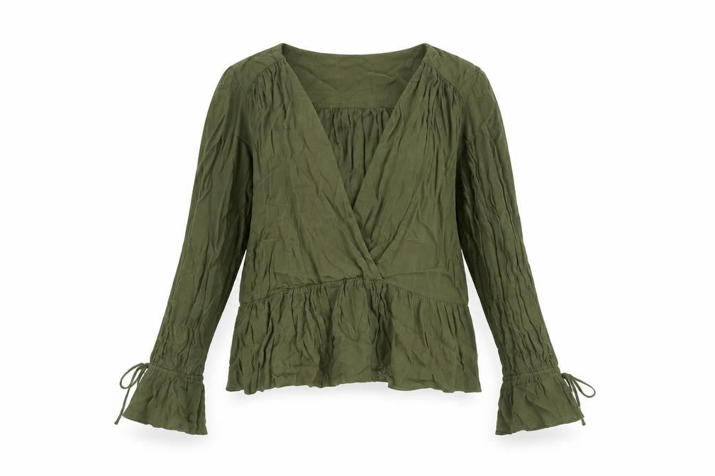 ASOS Womens Green Viscose Basic Blouse Size 8 V-Neck - Peplum Tie Cuff