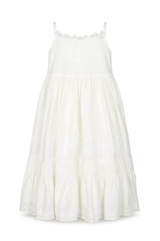 Next Girls White Cotton Shift Size 10 Years Square Neck Pullover - Pom Pom Embroidered