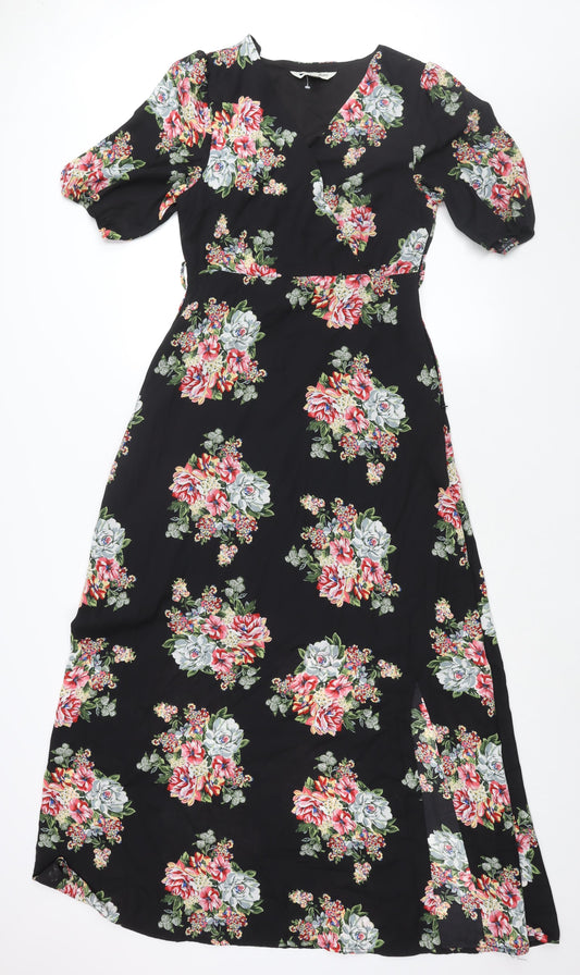 Yumi Womens Black Floral Polyester Maxi Size 10 V-Neck Snap