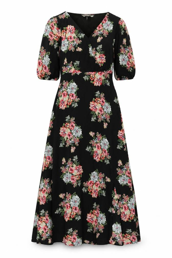 Yumi Womens Black Floral Polyester Maxi Size 10 V-Neck Snap