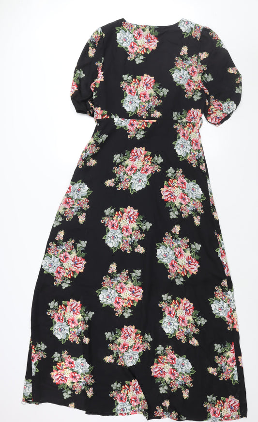 Yumi Womens Black Floral Polyester Maxi Size 10 V-Neck Snap