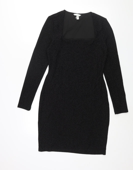 H&M Womens Black Polyester Bodycon Size M Square Neck Pullover - Glitter