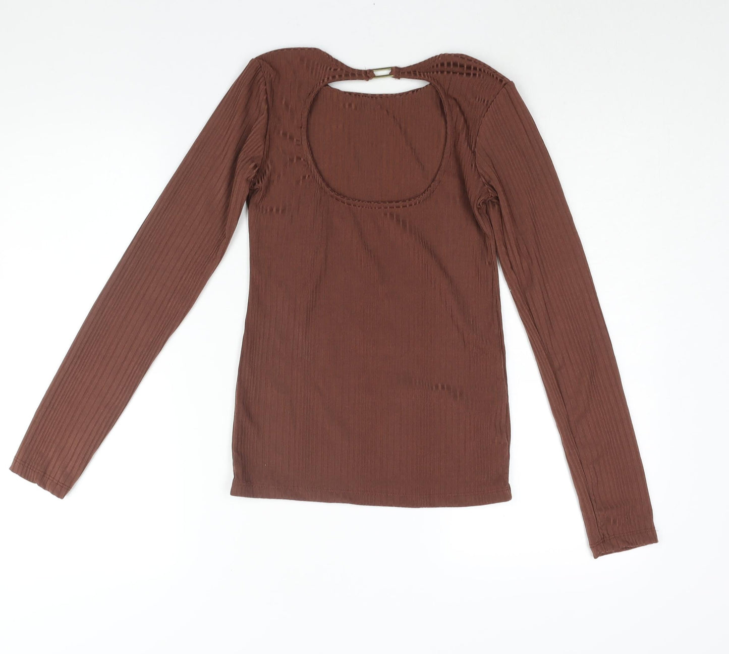 Stradivarius Womens Brown Polyester Basic Blouse Size S Round Neck - Buckle Cut Out