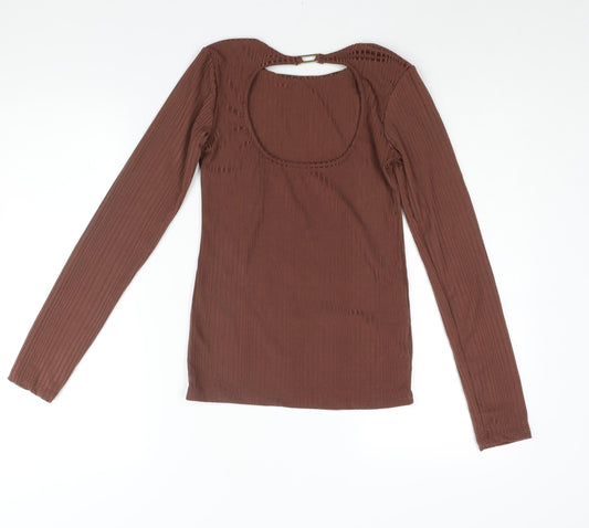 Stradivarius Womens Brown Polyester Basic Blouse Size S Round Neck - Buckle Cut Out