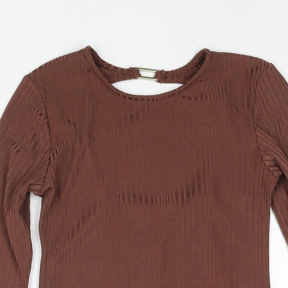 Stradivarius Womens Brown Polyester Basic Blouse Size S Round Neck - Buckle Cut Out