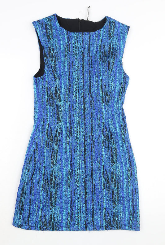 Zara Womens Blue Geometric Polyester Mini Size S Round Neck Zip - Textured
