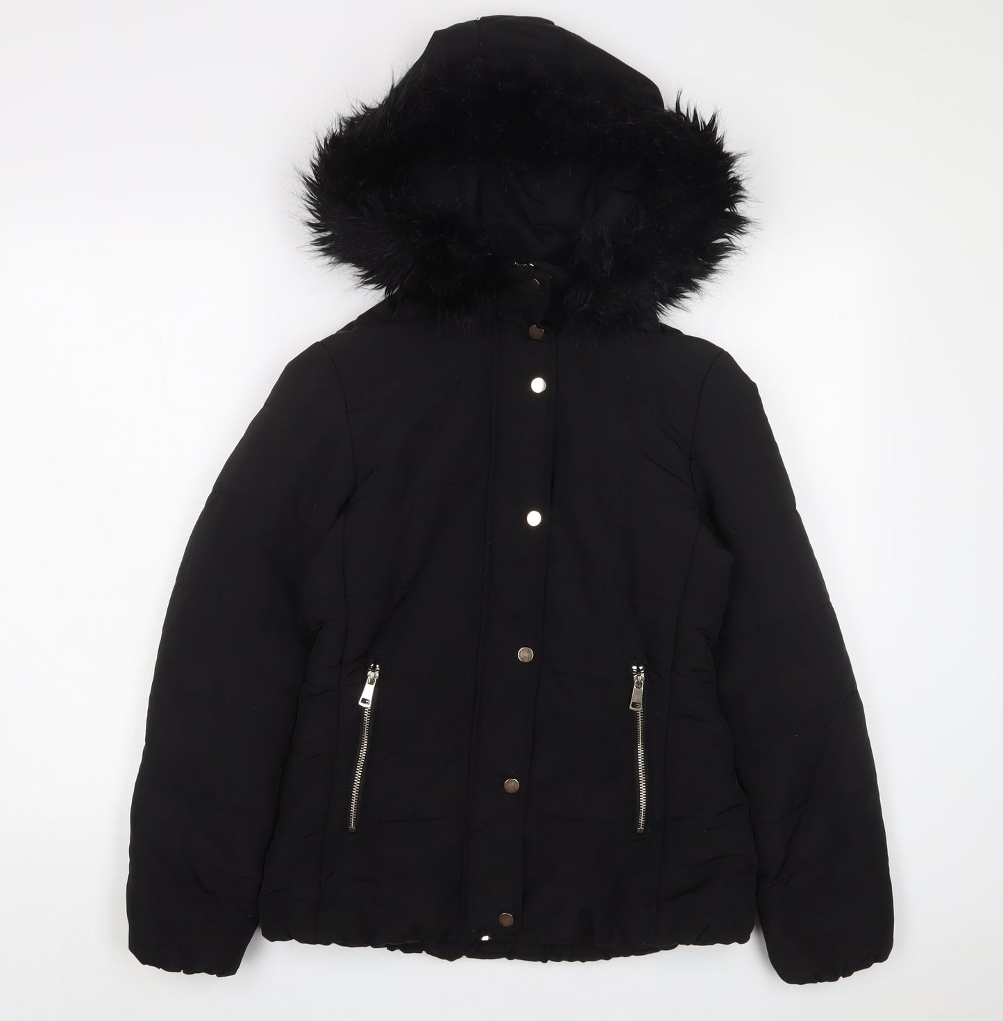 H&M Womens Black Quilted Coat Size 6 Zip - Zip Pockets