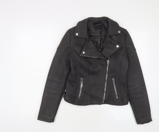 New Look Womens Grey Biker Jacket Size 10 Zip - Zip Pockets
