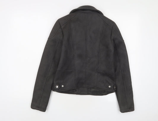 New Look Womens Grey Biker Jacket Size 10 Zip - Zip Pockets