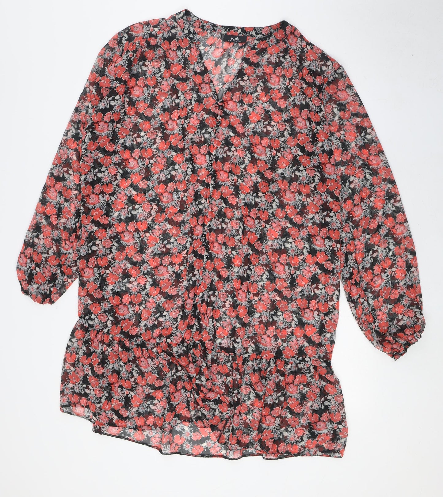 Wallis Womens Black Floral Polyester Tunic Button-Up Size 16 V-Neck - Sheer