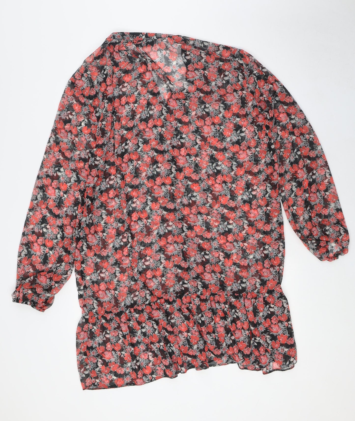 Wallis Womens Black Floral Polyester Tunic Button-Up Size 16 V-Neck - Sheer