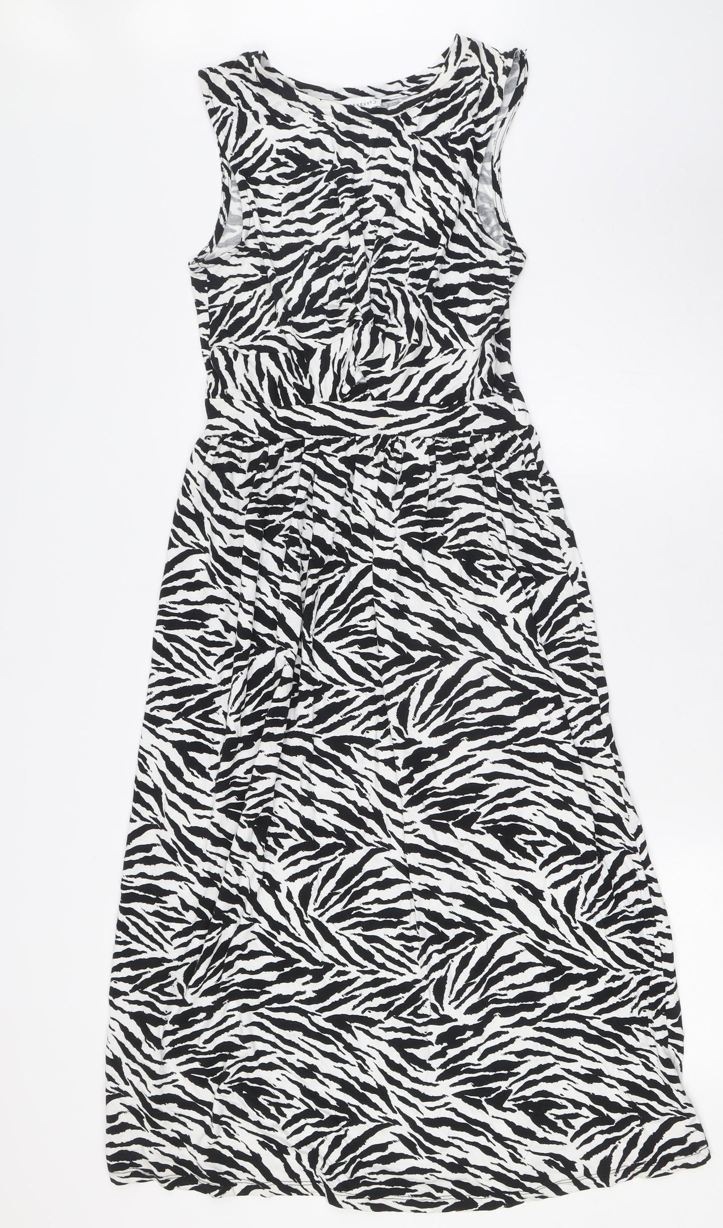 Warehouse Womens Black Animal Print Viscose A-Line Size 8 Round Neck