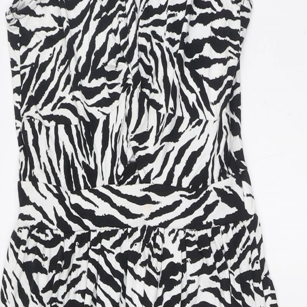 Warehouse Womens Black Animal Print Viscose A-Line Size 8 Round Neck