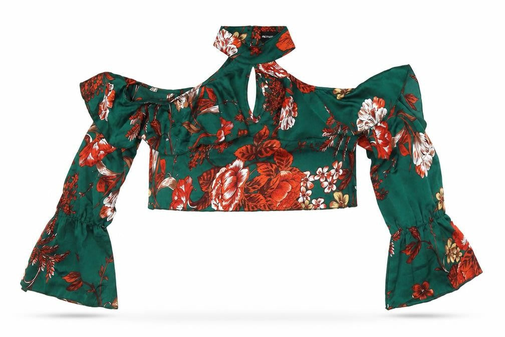 PRETTYLITTLETHING Womens Green Floral Polyester Cropped Button-Up Size 10 Mock Neck - Cold Shoulder
