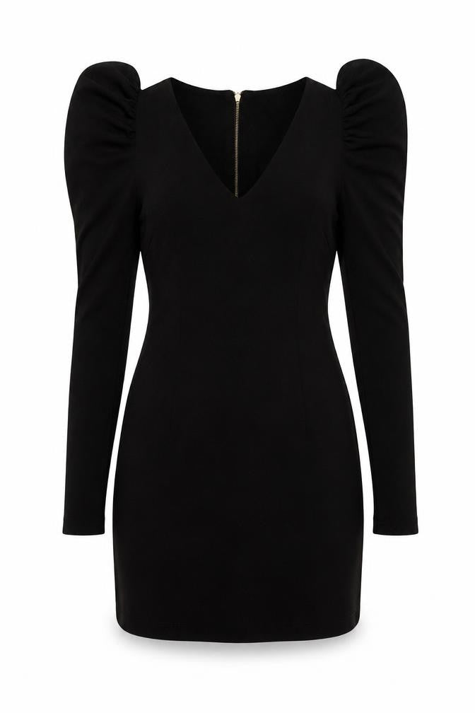 Front view of French Connection women’s black viscose pencil dress, size UK 6, v-neck zip