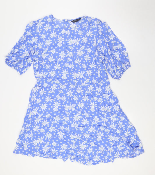 Marks and Spencer Womens Blue Floral Viscose A-Line Size 14 Round Neck Zip